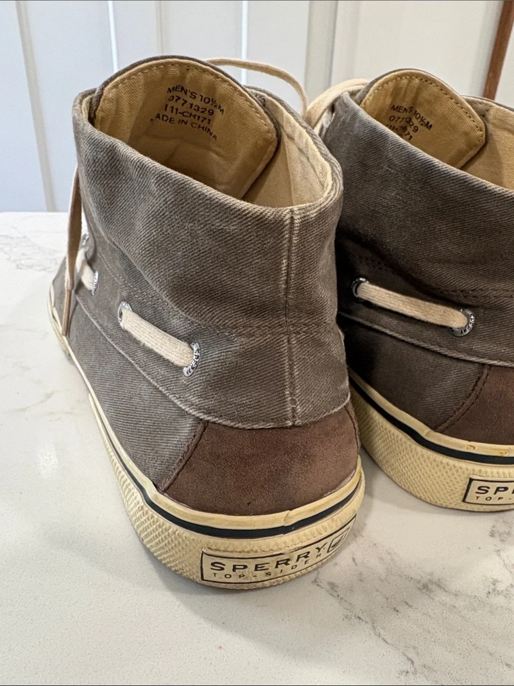 Sperry Men's Taupe Grey Canvas High-Top Boat Shoes Size 10.5